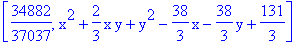 [34882/37037, x^2+2/3*x*y+y^2-38/3*x-38/3*y+131/3]